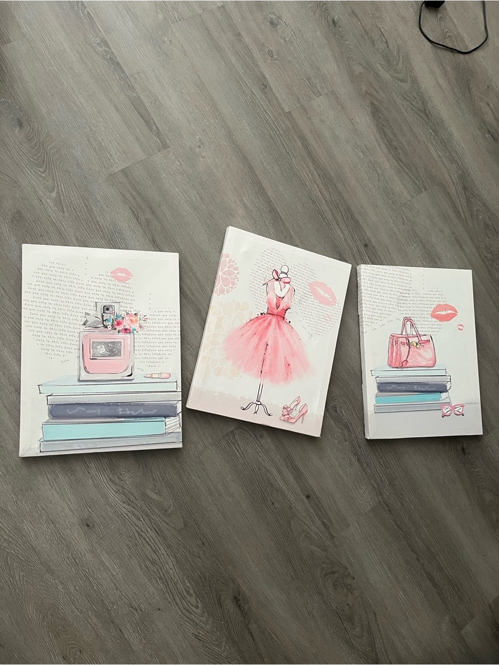3-Piece Set Pink/White/Teal canvas pic books/perfume, dress/shoes,
